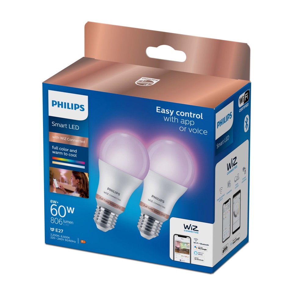 Philips LED Lampadina Smart Dimmerabile Luce Bianca o Colorata Attacco E27 60W Goccia 2Pezzi