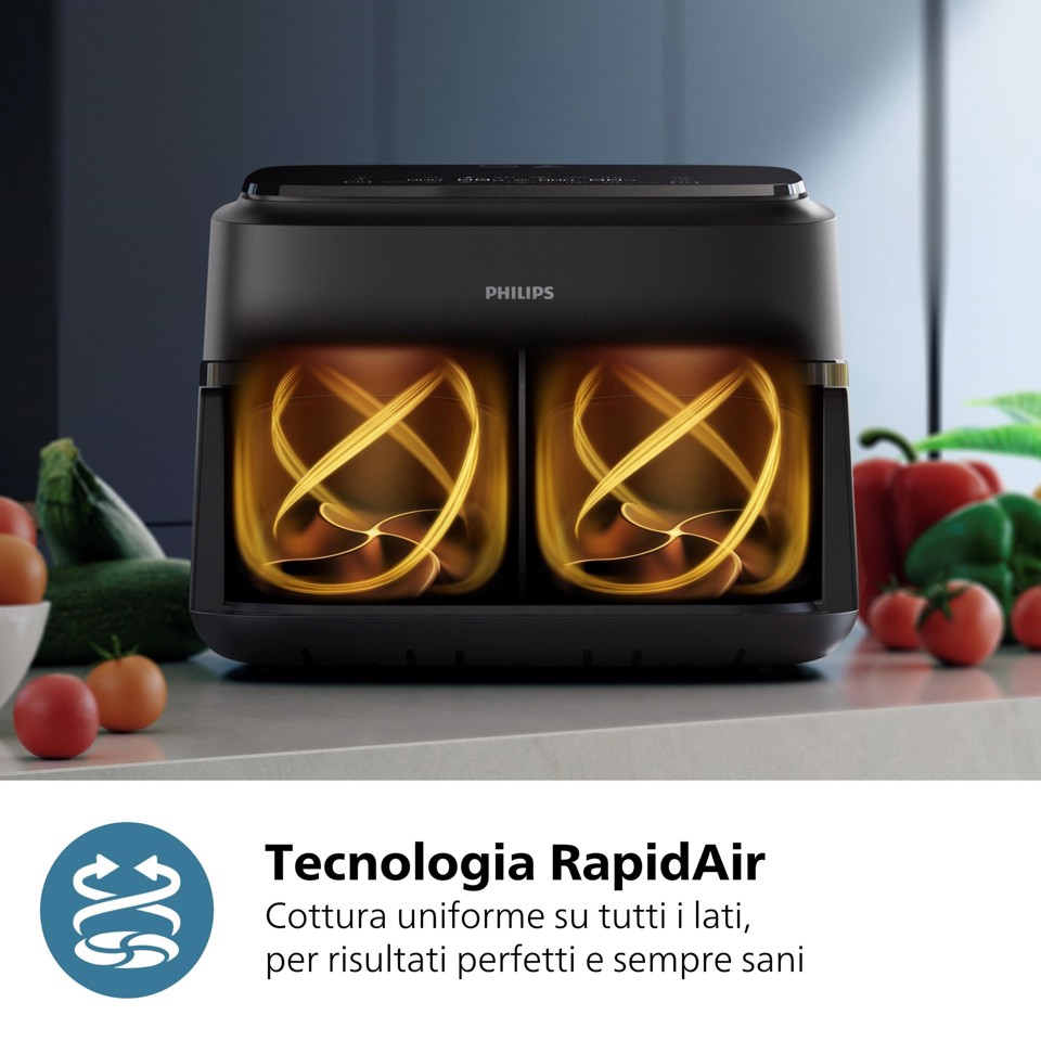 Philips Serie 1000 Airfryer con cestello flessibile/doppio, friggitrice ad aria da 7.1L, 10 metodi di cottura, App per ricette NA150/00