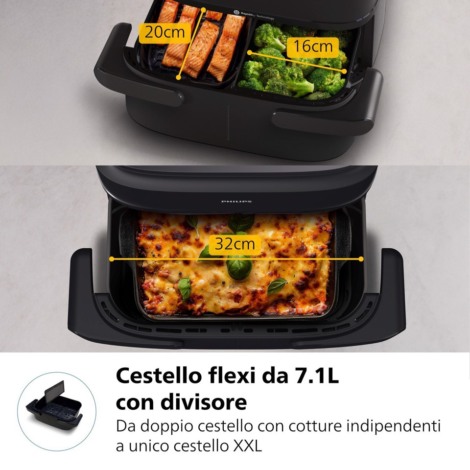 Philips Serie 1000 Airfryer con cestello flexi, Friggitrice ad aria 7.1L, 10 metodi di cottura, App per ricette NA150/00