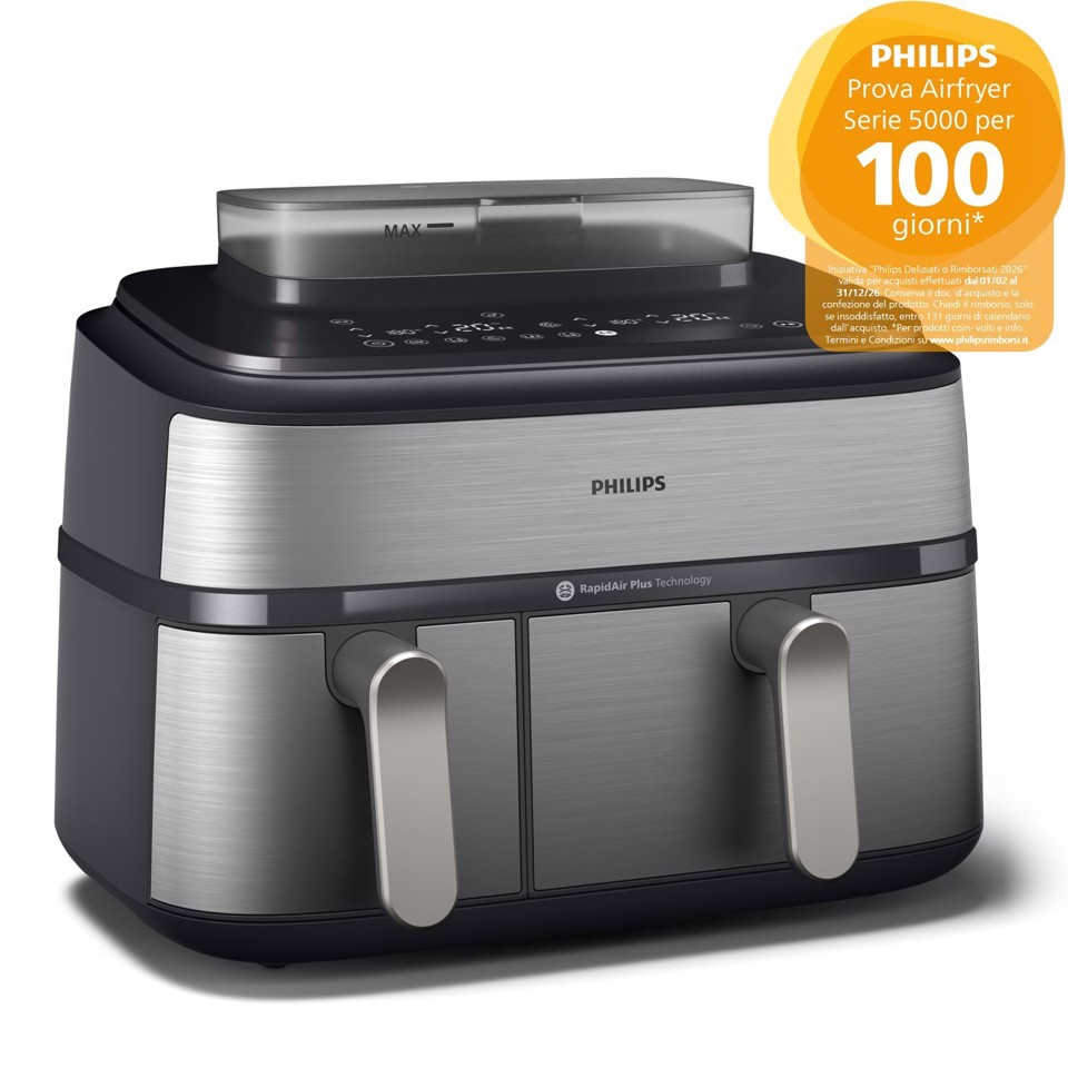 Philips Serie 5000 Airfryer doppio cestello con vapore, Friggitrice ad aria da 9.0L, 19 metodi di cottura, Pulizia cestello automatica, App ricette, NA555/00