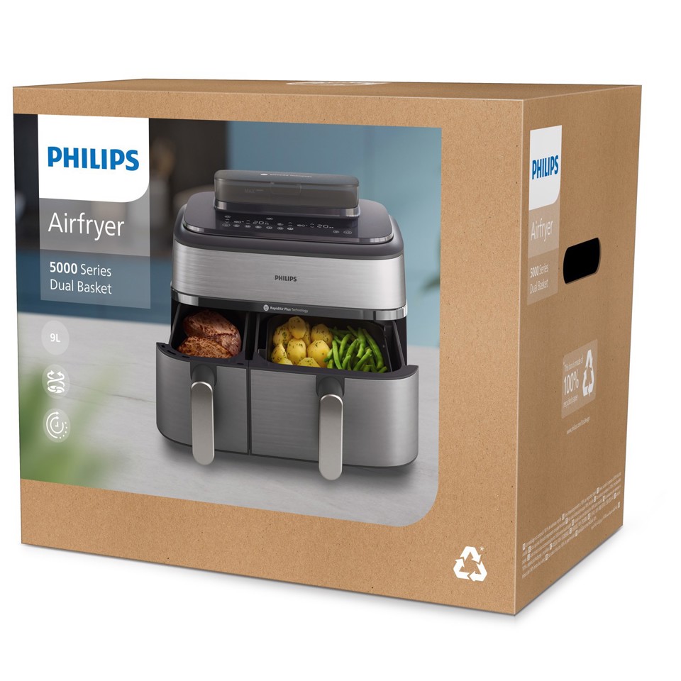 Philips Serie 5000 Airfryer doppio cestello con vapore, Friggitrice ad aria da 9.0L, 19 metodi di cottura, Pulizia cestello automatica, App ricette, NA555/00