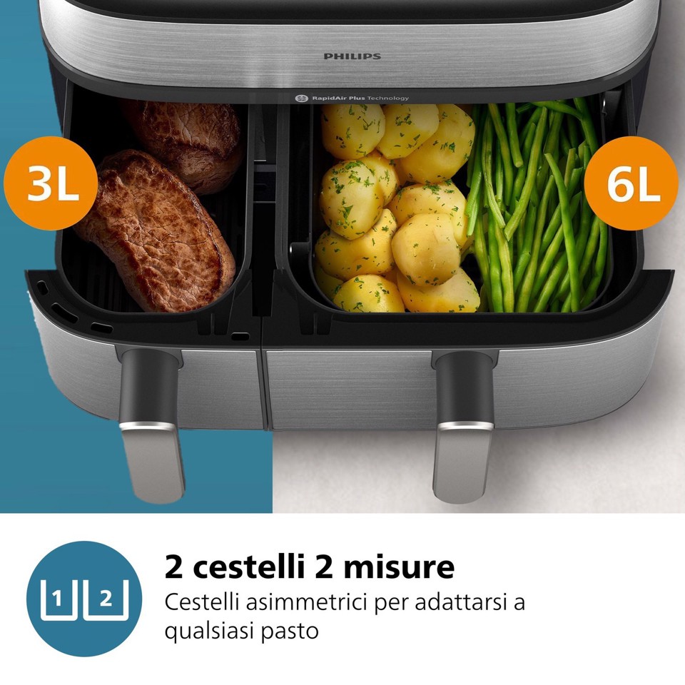 Philips Serie 5000 Airfryer doppio cestello con vapore, Friggitrice ad aria da 9.0L, 19 metodi di cottura, Pulizia cestello automatica, App ricette, NA555/00