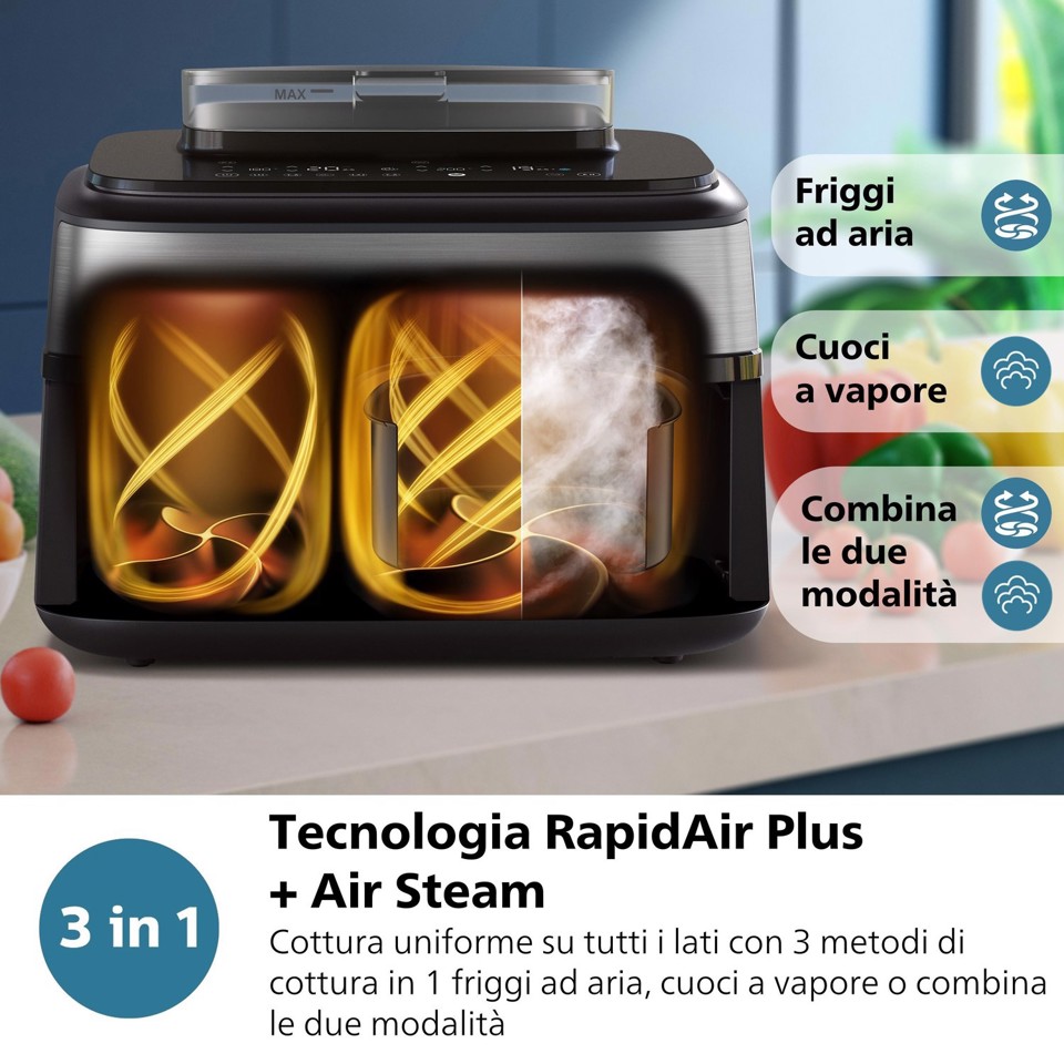 Philips Serie 5000 Airfryer doppio cestello con vapore, Friggitrice ad aria da 9.0L, 19 metodi di cottura, Pulizia cestello automatica, App ricette, NA555/00