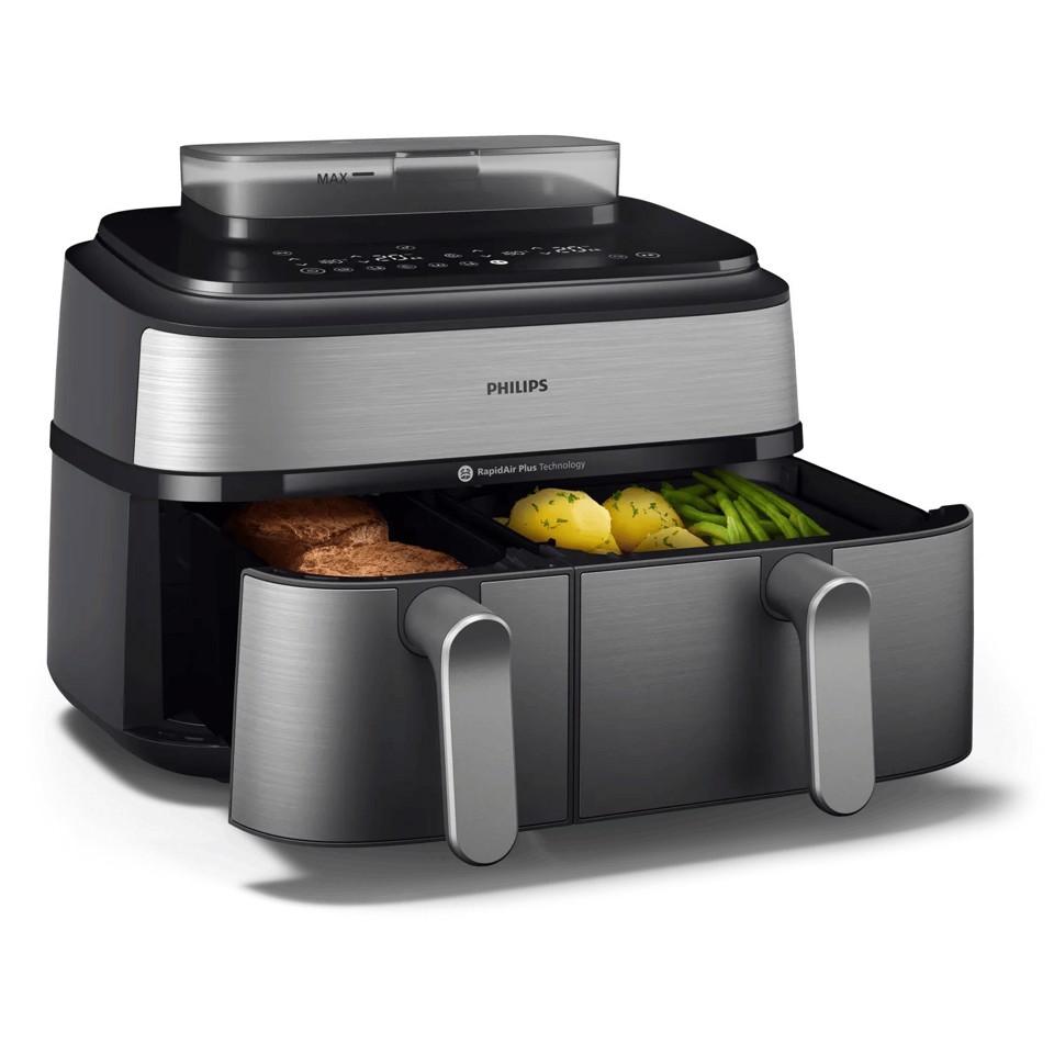 Philips Serie 5000 Airfryer doppio cestello con vapore, Friggitrice ad aria da 9.0L, 19 metodi di cottura, Pulizia cestello automatica, App ricette, NA555/00