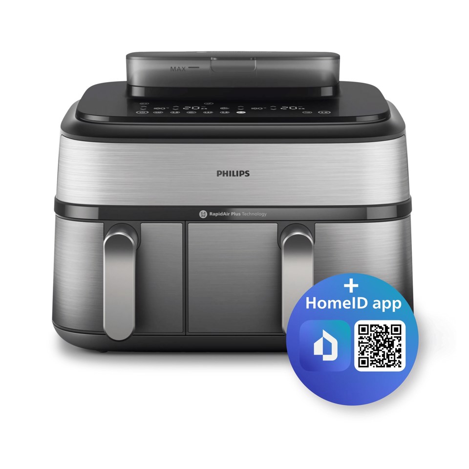 Philips Serie 5000 Airfryer doppio cestello con vapore, Friggitrice ad aria da 9.0L, 19 metodi di cottura, Pulizia cestello automatica, App ricette, NA555/00