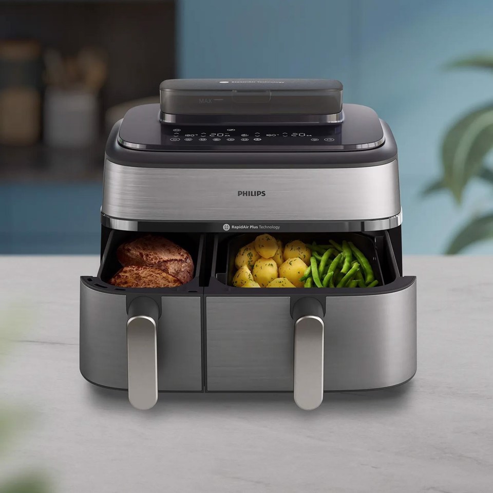 Philips Serie 5000 Airfryer doppio cestello con vapore, Friggitrice ad aria da 9.0L, 19 metodi di cottura, Pulizia cestello automatica, App ricette, NA555/00