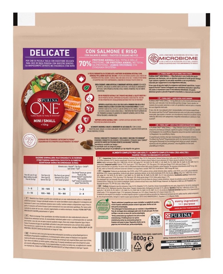 Purina ONE 12511356  cibo secco per cani Adulti 5-10kg Salmone, Riso 800 g