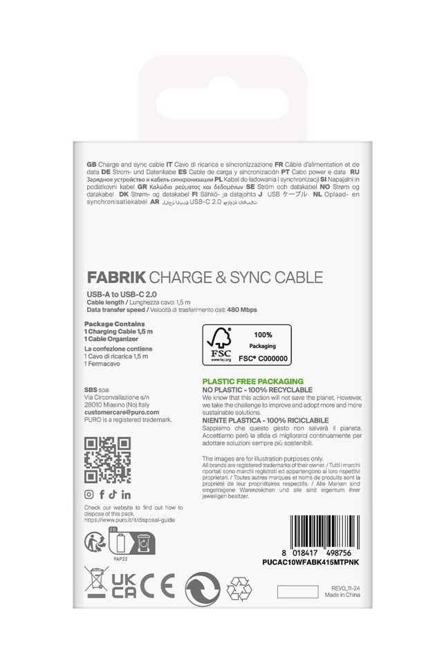 PURO PUCAC10WFABK415MTPNK cavo USB USB 2.0 1,5 m USB A USB C Rosa