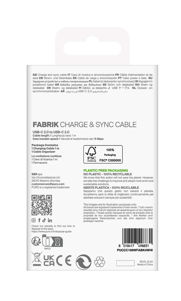 PURO PUCCC100WFABK4WHI cavo USB 1 m USB C Bianco