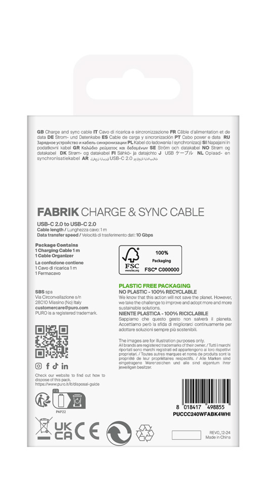PURO PUCCC240WFABK4WHI cavo USB 1 m USB C 10 Gbit/s 240 W Bianco