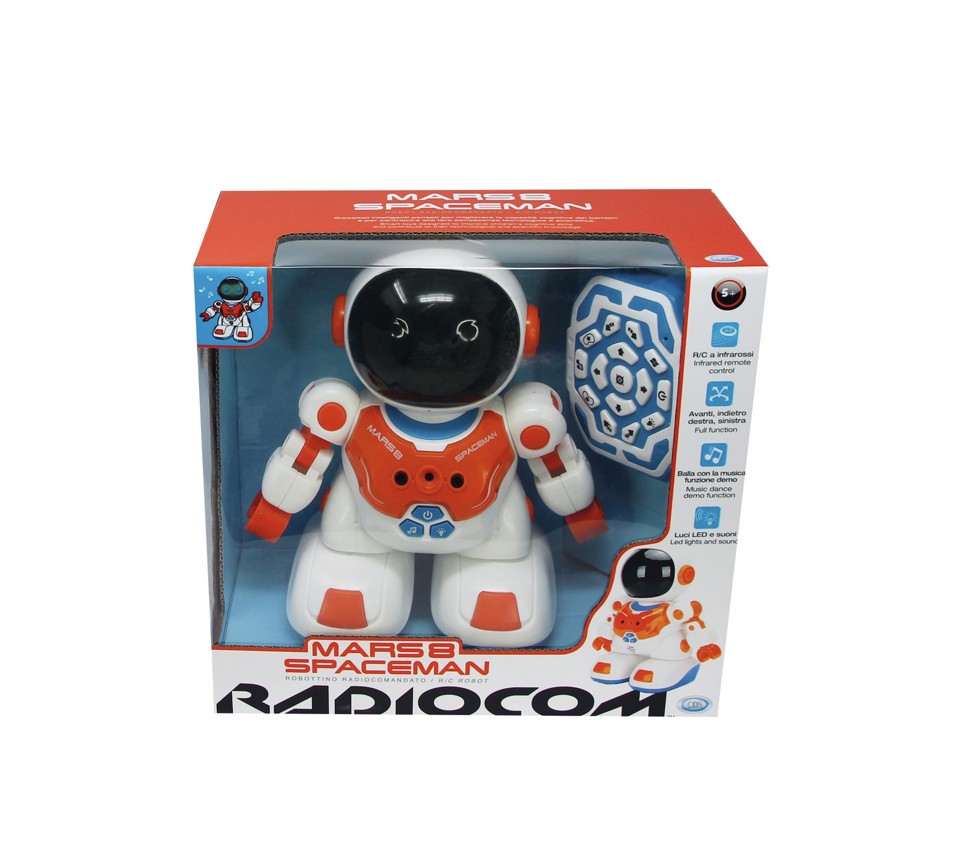 RADIOCOM Mars 8 Spaceman - Robot RC Ad Infrarossi Con Luci E Suoni 23 cm, Funzioni: Movimenti Avanti, Indietro, Destra, Sinistra, Musica, Demo, Batterie Non Incluse