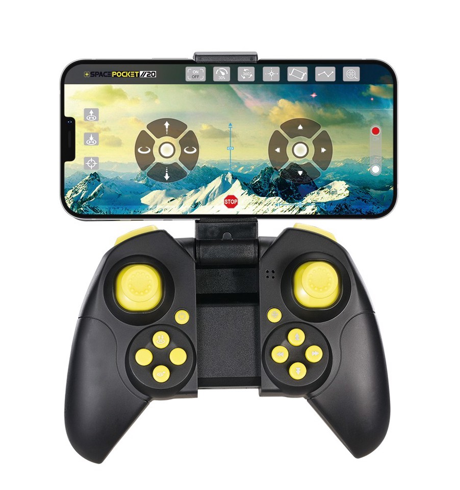 Radiofly Spacepocket // 20 - Drone 12*10*3 cm, RC 2.4 GHz, 8 Funzioni, Giroscopio, Fermoposizione, Bussola, Funzioni Partenza Lancio, Wi-Fi Camera 720p, App Per Vedere Foto, Video E Per Pilotare, Decollo E Atterraggio Assistiti, Batterie Trasmettitore Non Incluse