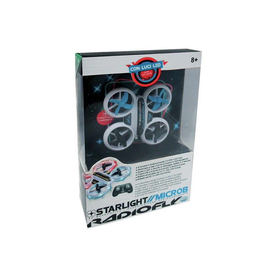 Radiofly Starlight Microb//11 - Drone cm 9x9, RC 2.4 GHz, 8 Funzioni, Luci LED 4 Rotori, Bussola, Fermoposizione, Decollo/Atterraggio Assistiti, 3 Velocita', Modalità Flip, 8 Eliche Di Ricambio, Batterie Incluse