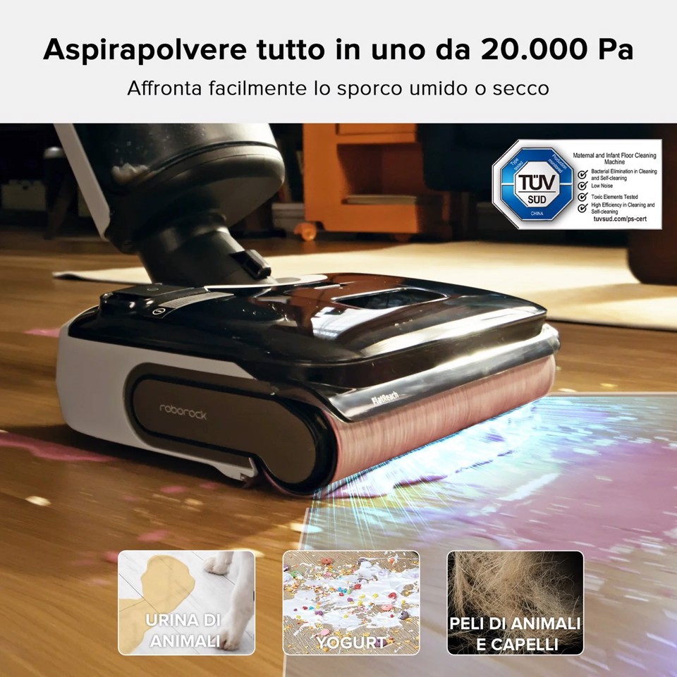 Roborock F25 Lavapavimenti per Umido e Secco, 20.000 Pa, Autopulizia con asciugatura a 90°C, Zero Grovigli, 180° UltraPiatto, Pulizia Bidirezionale, per Parquet e Piastrelle