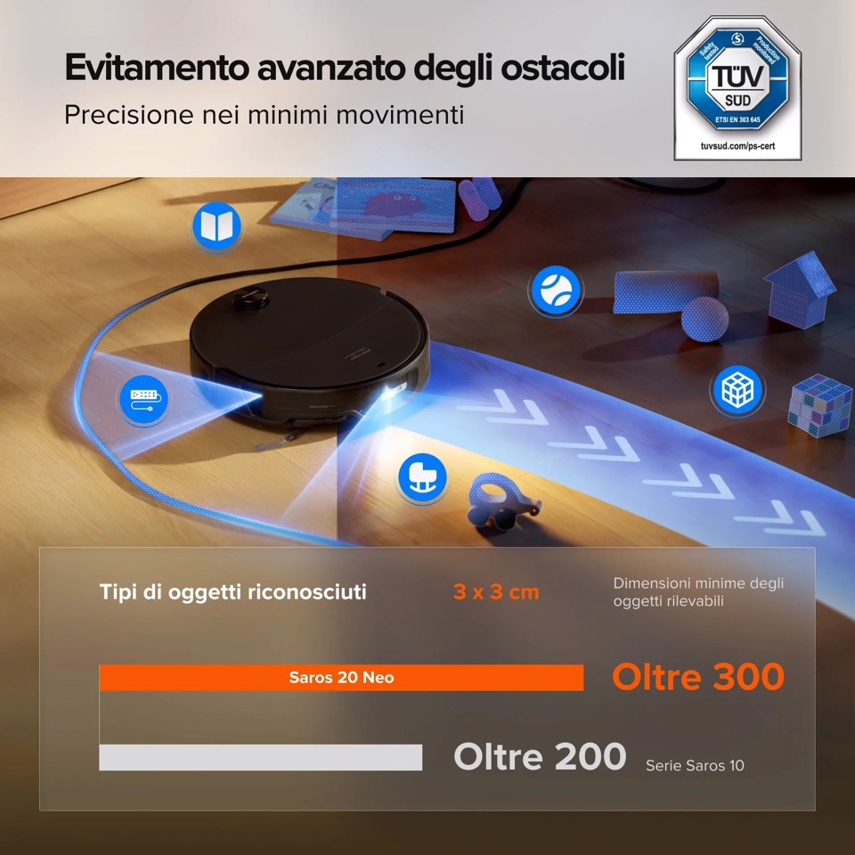 Roborock Saros 20 Neo Robot Aspirapolvere Lavapavimenti, Aspirazione 36.000 Pa, Stazione Multifunzione 10-in-1 con Lavaggio Panni a 100°C, Ultra-Sottile 7,95 cm, Telaio AdaptiLift 3.0, Sistema Anti-Groviglio 0%, Copertura Bordi FlexiArm™, SmartPlan 3.0