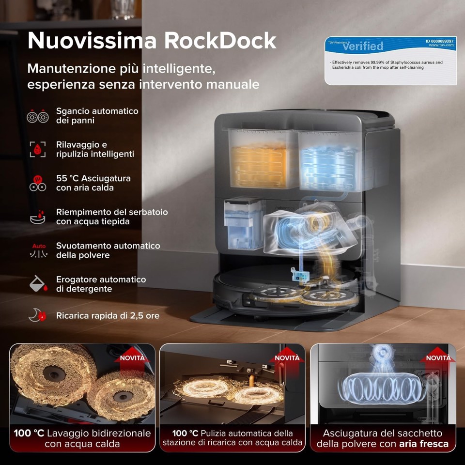 Roborock Saros 20X Robot Aspirapolvere e Lavapavimenti, Aspirazione 36.000 Pa, Supera Ostacoli da 8,8cm, Anti-Groviglio, Evita Oltre 300 Oggetti, Lavaggio Mocio con Acqua a 100°C, Nuovissima RockDock, Videochiamata, Hello Rocky