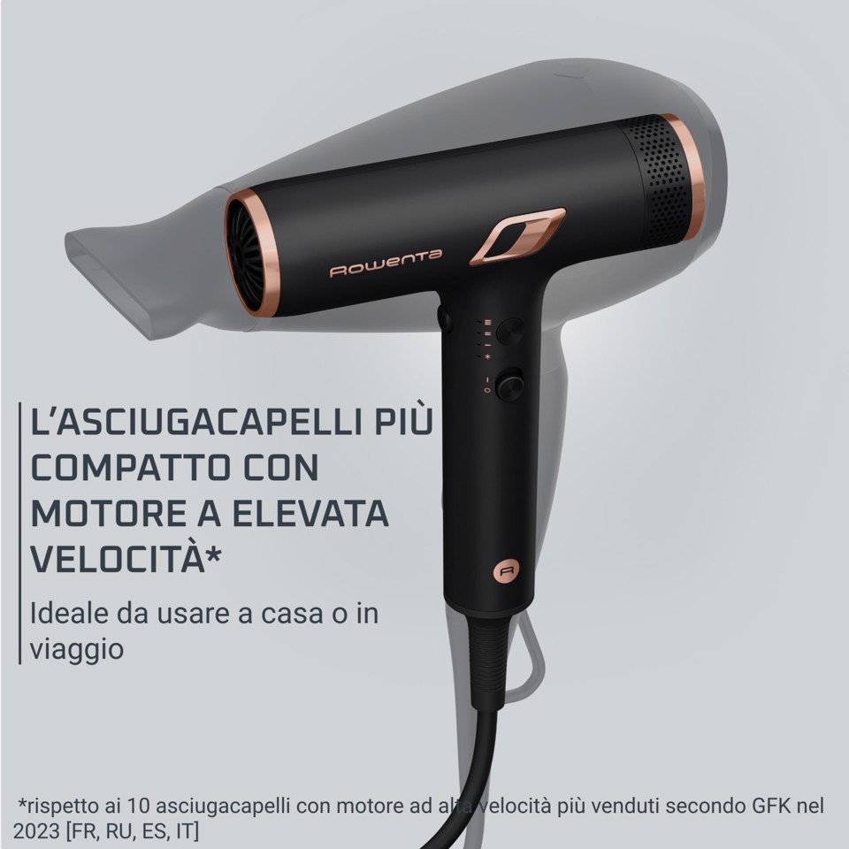 Rowenta Nano Asciugacapelli Brushless Compatto ad Alta Velocità, Boost di Ioni Antistatici e Sensore di Temperatura per Capelli Setosi e Luminosi, 3 Impostazioni di Velocità/Temperatura, HY8310