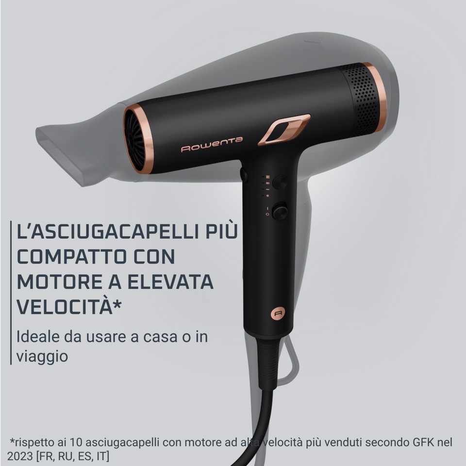 Rowenta Nano Asciugacapelli Brushless Compatto ad Alta Velocità, Boost di Ioni Antistatici e Sensore di Temperatura per Capelli Setosi e Luminosi, 3 Impostazioni di Velocità/Temperatura, HY8310