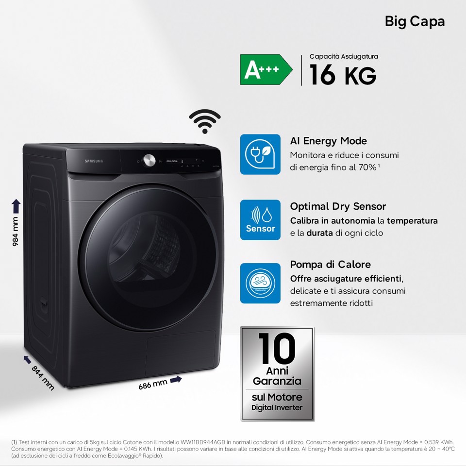 Samsung DV16DG8600BVU3 asciugatrice Libera installazione Caricamento frontale 16 kg Nero