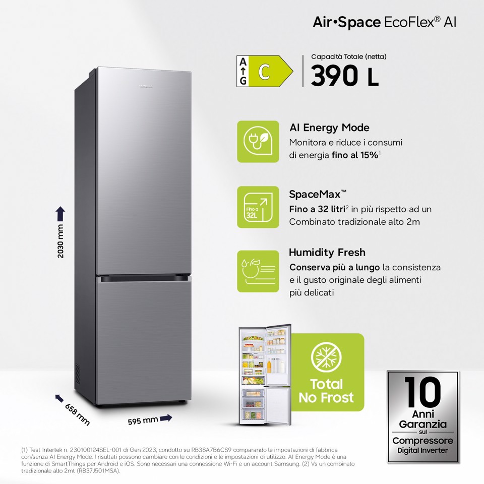Samsung Frigorifero Combinato EcoFlex AI 2m 390L RB38C600CS9