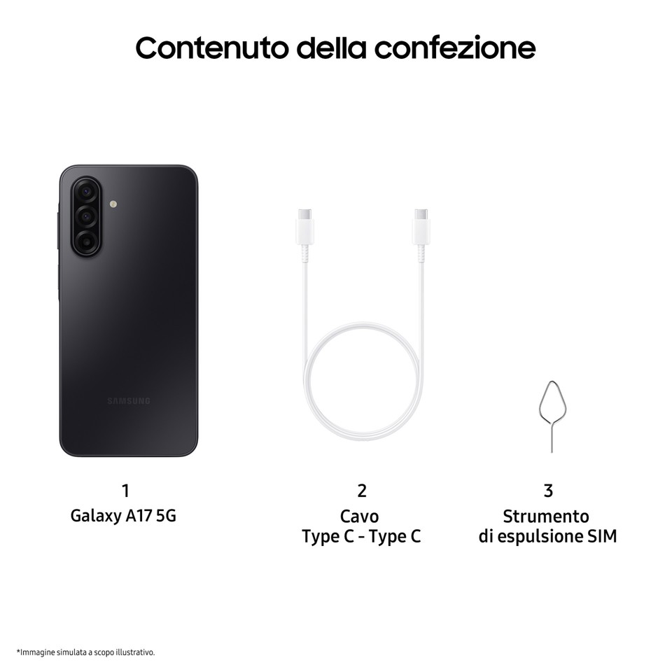 Samsung Galaxy A17 5G, Android 15, Display sAMOLED 6.7", 8GB RAM, 256GB, Batteria 5.000 mAh, Resistenza IP54, Memoria espandibile fino a 2TB, Black