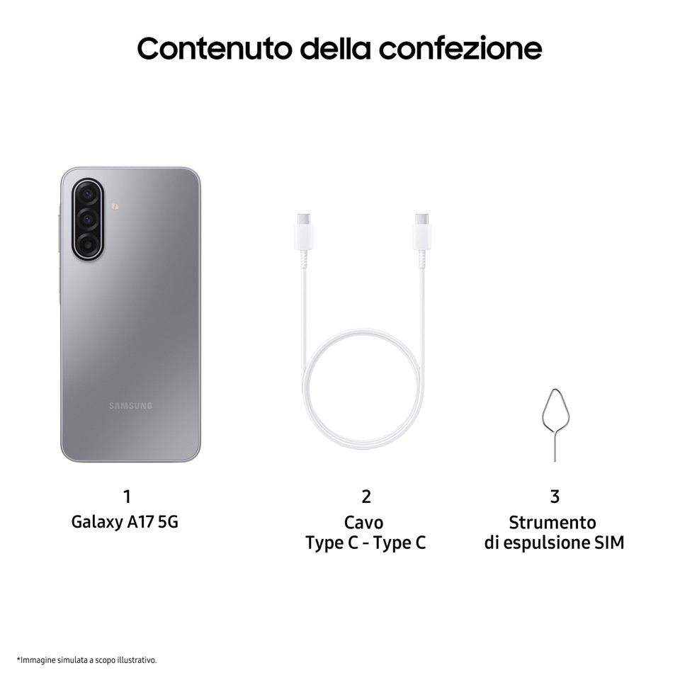 Samsung Galaxy A17 5G, Android 15, Display sAMOLED 6.7", 8GB RAM, 256GB, Batteria 5.000 mAh, Resistenza IP54, Memoria espandibile fino a 2TB, Gray