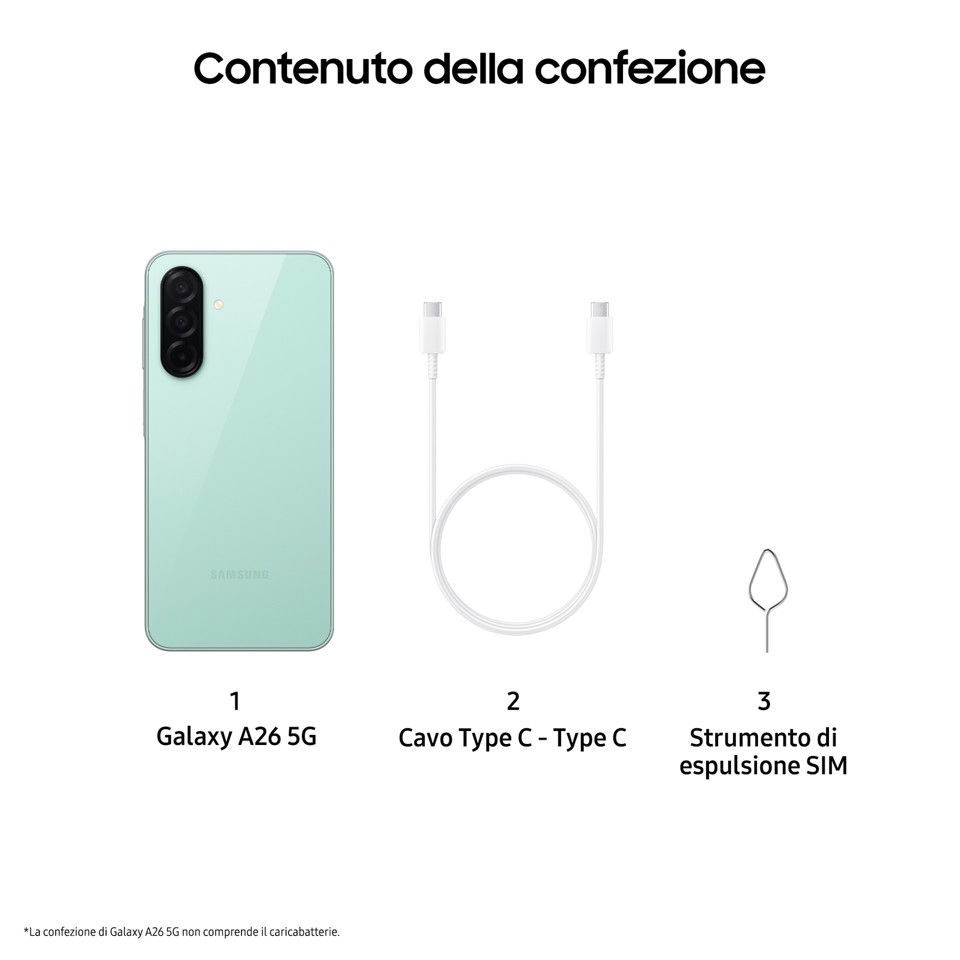Samsung Galaxy A26 5G, Smartphone con Funzioni intelligenti, Display Super AMOLED 6.7”, 6GB RAM, 128GB, Batteria 5.000 mAh, memoria espandibile, Mint