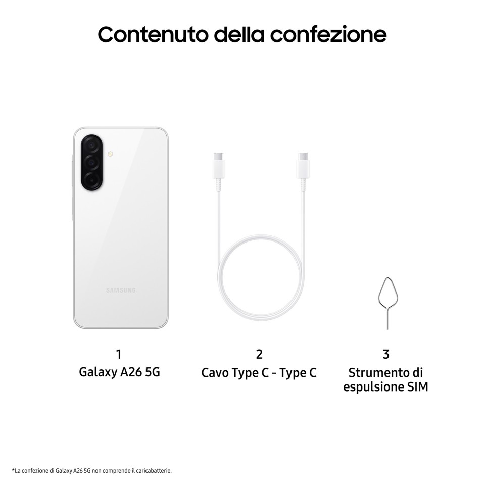 Samsung Galaxy A26 5G, Smartphone con Funzioni intelligenti, Display Super AMOLED 6.7”, 6GB RAM, 128GB, Batteria 5.000 mAh, memoria espandibile, White