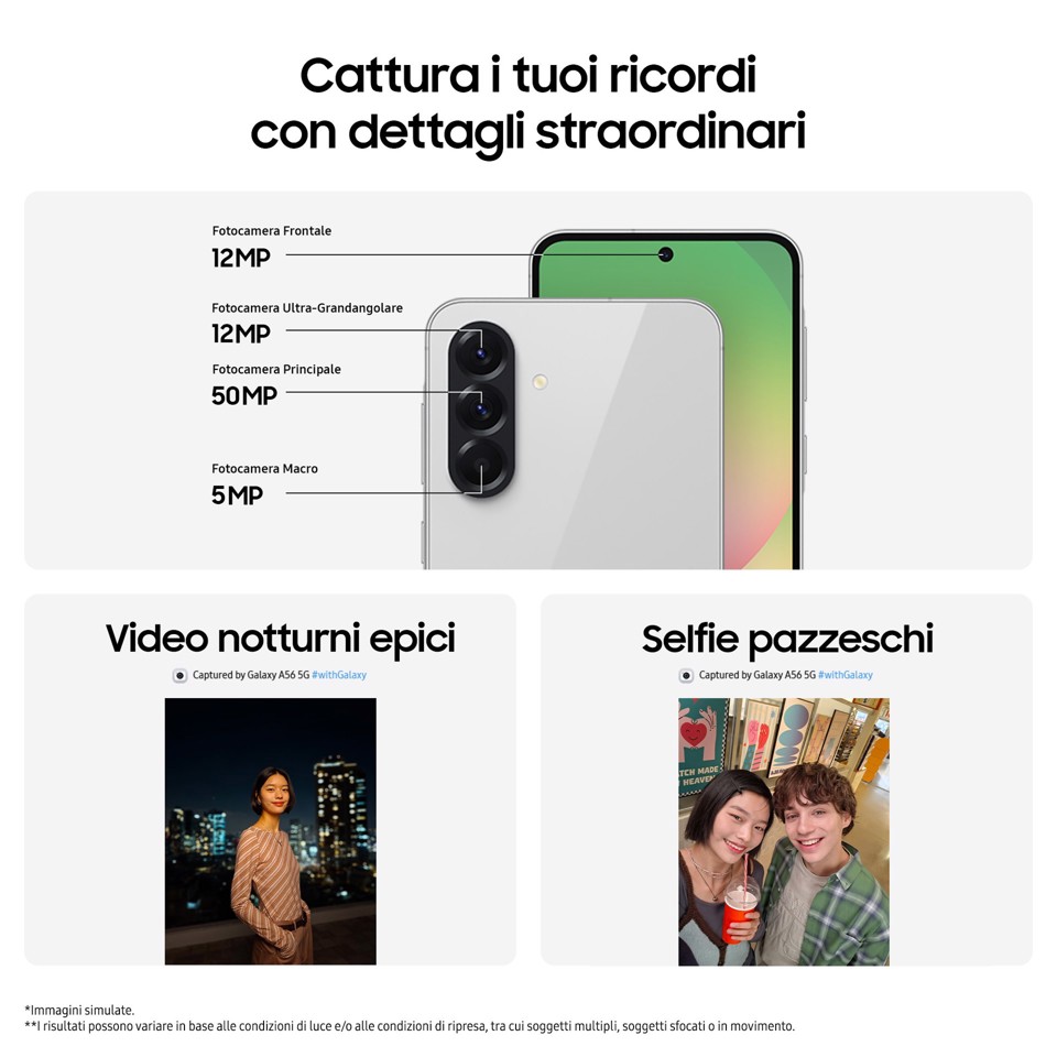 Samsung Galaxy A56 5G, Smartphone con Funzioni intelligenti, Display Super AMOLED 6.7”, 8GB RAM, 256GB, Camera 50MP, Batteria 5.000 mAh, IP67, Awesome Lightgray