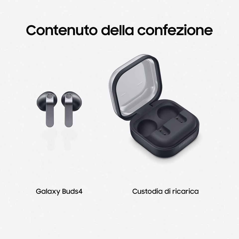 Samsung Galaxy Buds4, Black, Corpo in metallo, Altoparlante a 1 via, equalizzatore adattivo, Chiamate cristalline, Audio a 360°, ANC, Controllo adattivo del rumore Connessione senza interruzioni e One UI, Galaxy AI pronto ai comandi vocali