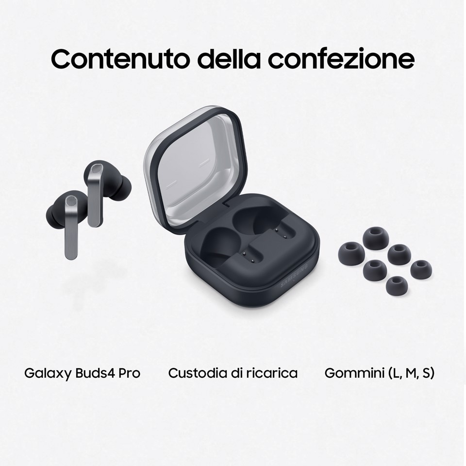 Samsung Galaxy Buds4 Pro, Black, Corpo in metallo, Altoparlante a 2 vie e doppio amplificatore, Chiamate cristalline, Audio a 360°, ANC migliorata, Controllo adattivo del rumore, Connessione senza interruzioni e One UI, AI pronto ai comandi vocali