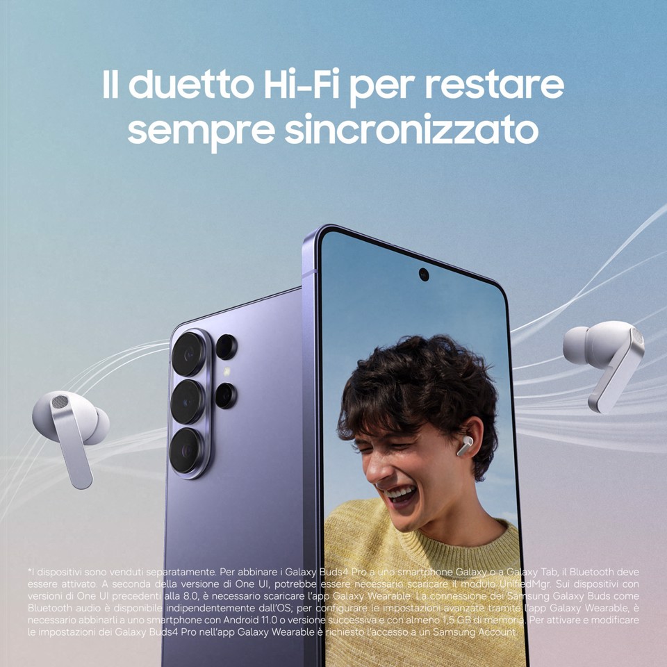 Samsung Galaxy Buds4 Pro, White, Corpo in metallo, Altoparlante a 2 vie e doppio amplificatore, Chiamate cristalline, Audio a 360°, ANC migliorata, Controllo adattivo del rumore, Connessione senza interruzioni e One UI, AI pronto ai comandi vocali