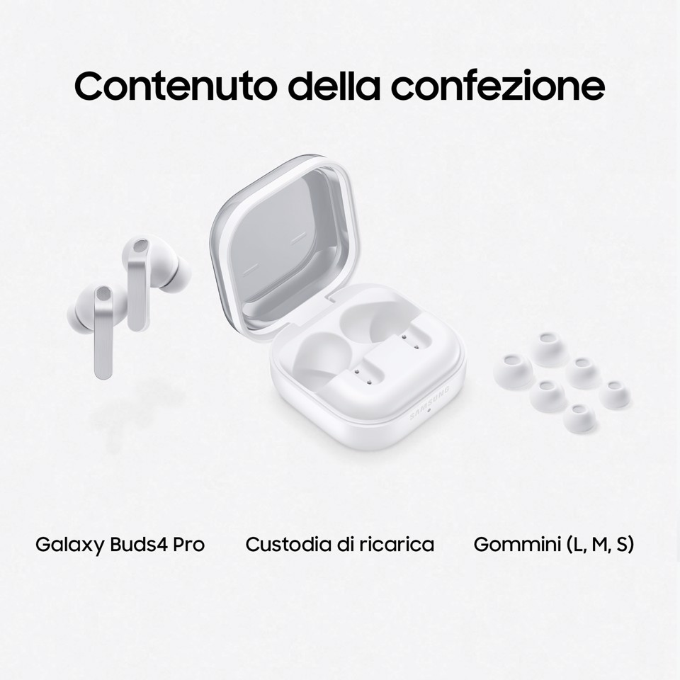 Samsung Galaxy Buds4 Pro, White, Corpo in metallo, Altoparlante a 2 vie e doppio amplificatore, Chiamate cristalline, Audio a 360°, ANC migliorata, Controllo adattivo del rumore, Connessione senza interruzioni e One UI, AI pronto ai comandi vocali