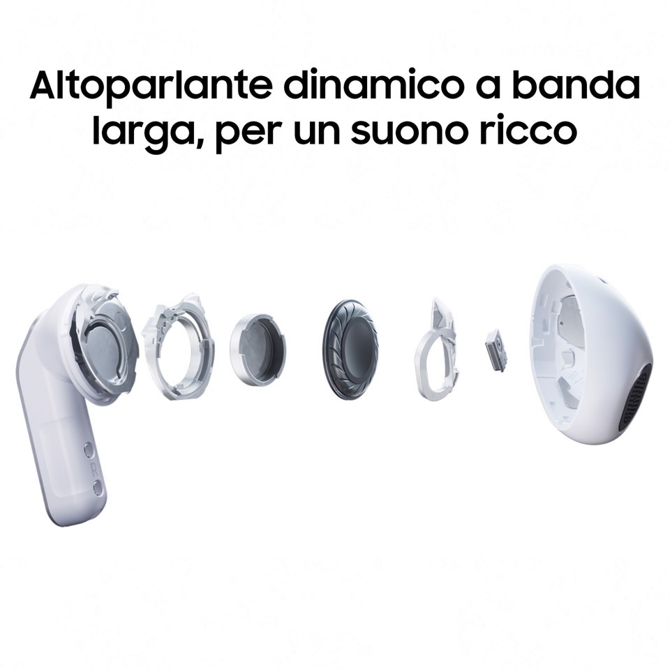 Samsung Galaxy Buds4, White, Corpo in metallo, Altoparlante a 1 via, equalizzatore adattivo, Chiamate cristalline, Audio a 360°, ANC, Controllo adattivo del rumore Connessione senza interruzioni e One UI, Galaxy AI pronto ai comandi vocali