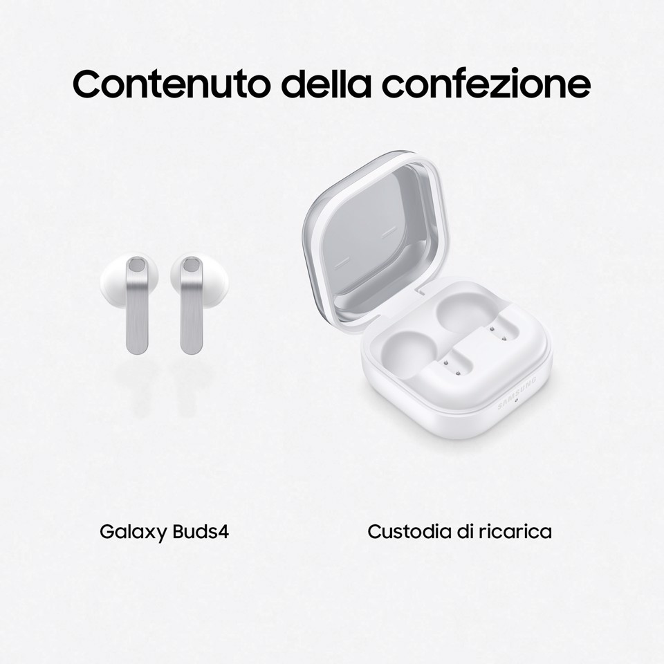 Samsung Galaxy Buds4, White, Corpo in metallo, Altoparlante a 1 via, equalizzatore adattivo, Chiamate cristalline, Audio a 360°, ANC, Controllo adattivo del rumore Connessione senza interruzioni e One UI, Galaxy AI pronto ai comandi vocali