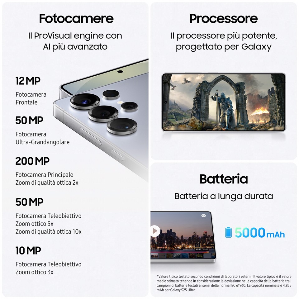 Samsung Galaxy S25 Ultra Smartphone AI, Display 6.9'' QHD+ Dynamic AMOLED 2X, Fotocamera 200MP, RAM 12GB, 256GB, 5.000 mAh, Titanium Gray