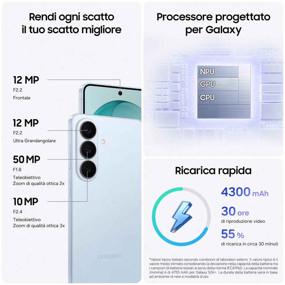 Samsung Galaxy S26 Smartphone AI, 256GB, Processore avanzato, Assistente Foto, Creative Studio, Camera 50 MP, 4300 mAh, Cobalt Violet