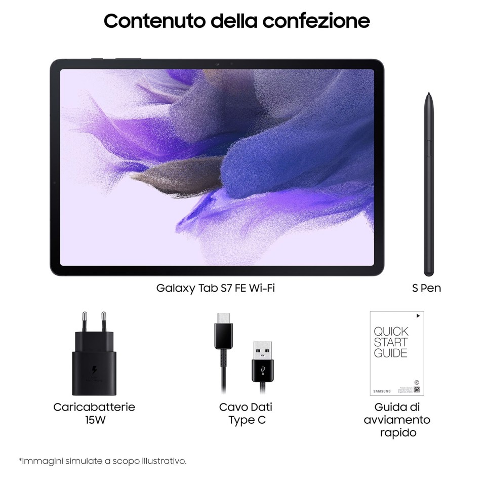 Samsung Galaxy Tab S7 FE Tablet Android 12,4 Pollici Wifi RAM 6 GB 128 GB Tablet Android 11 Black