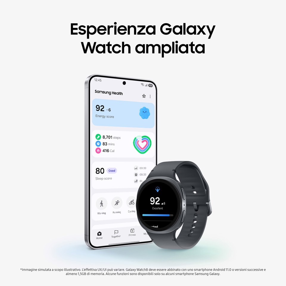 Samsung Galaxy Watch8 (Dark Gray, BT, 44mm) Smartwatch Galaxy AI, allenatore personale, design resistente agli urti, processore 3nm, monitoraggio attività fisica e sonno, One UI 8