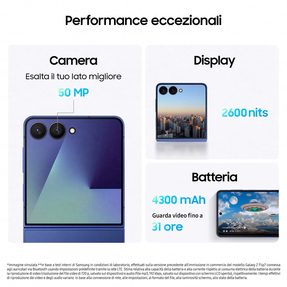 Samsung Galaxy Z Flip7 Smartphone AI, RAM 12GB, 512GB, Display 4,1" Super AMOLED/6,9" Dynamic AMOLED 2X, Fotocamera 50MP, Blue Shadow