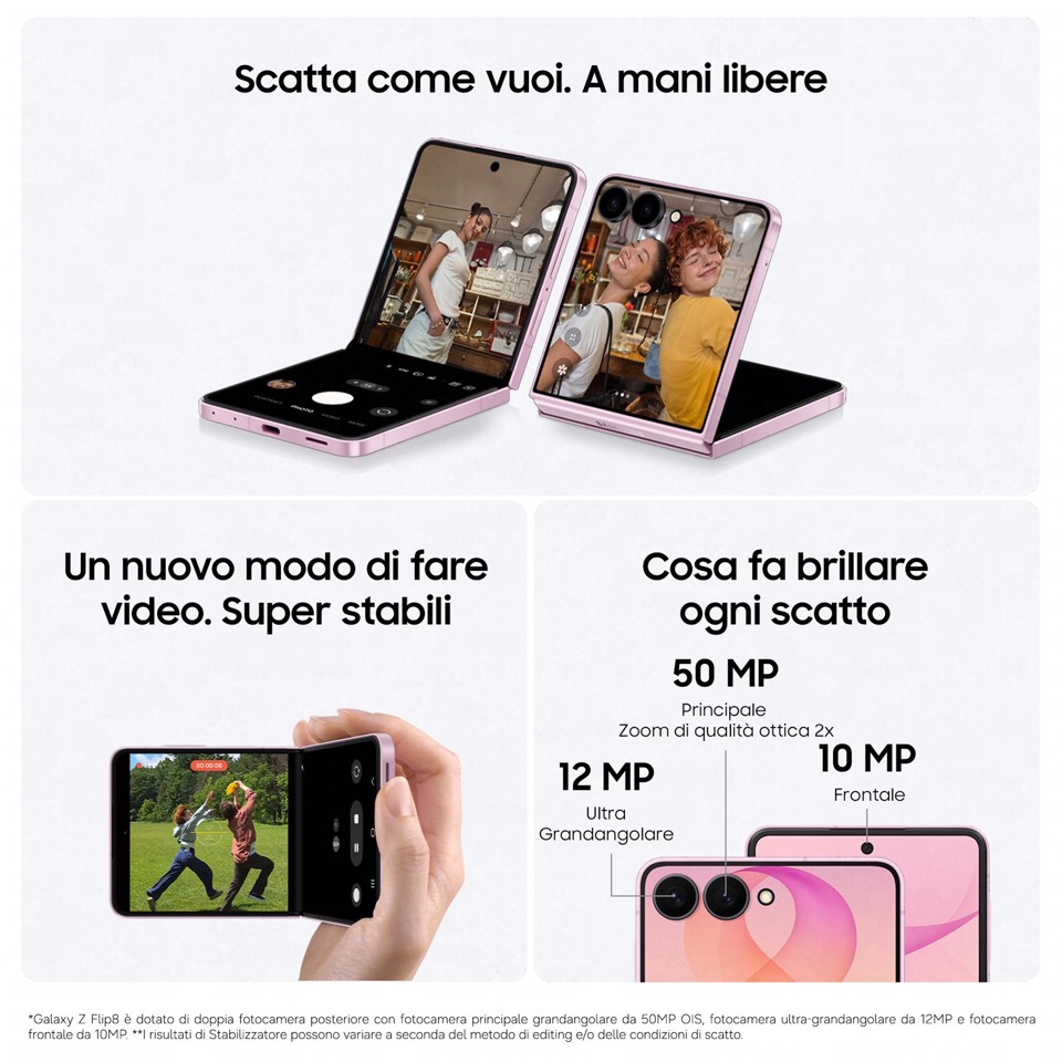 Samsung Galaxy Z Flip8, 256GB, Pink, Selfie Camera 50MP, Now Brief, Assistente Foto, FlexWindow Personalizzata, Batteria 4300 mAh, RAM 12GB