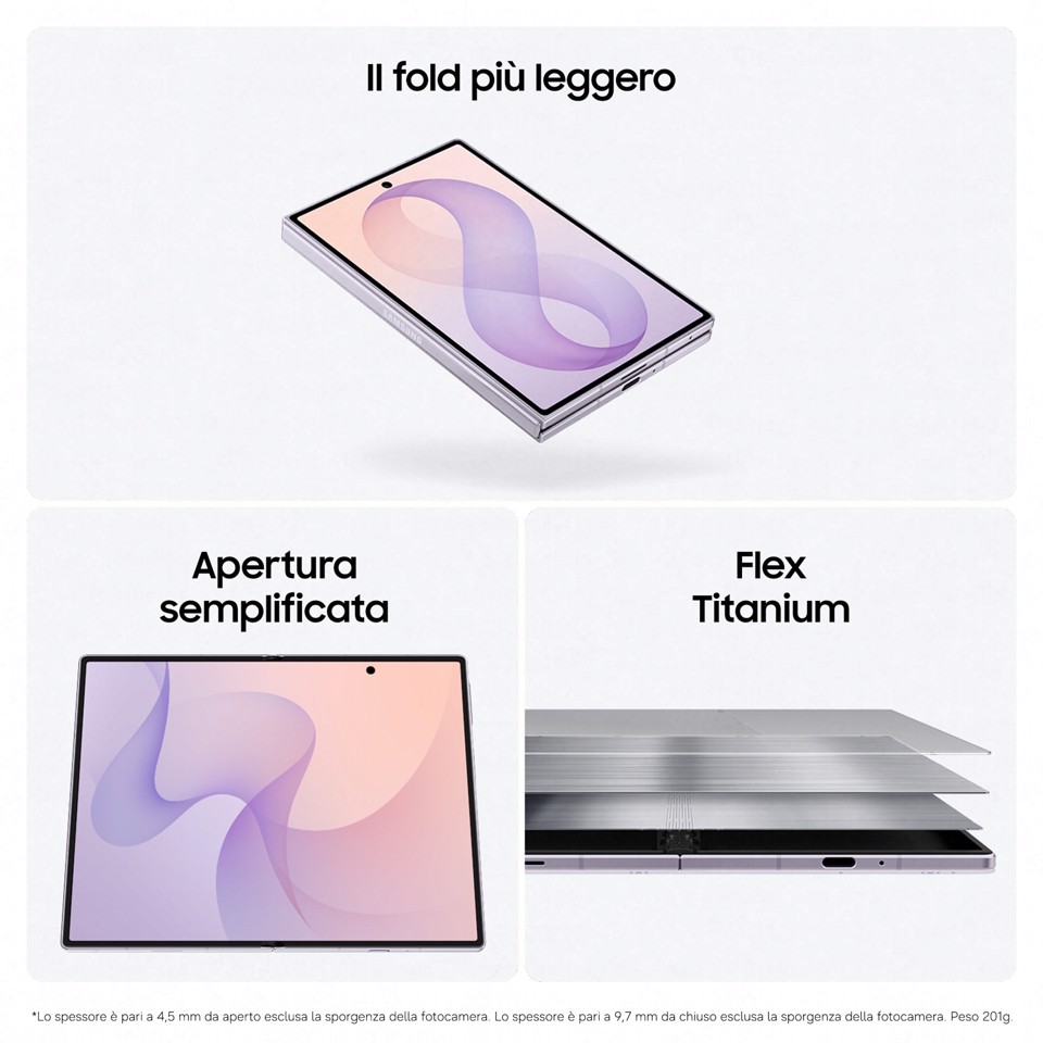 Samsung Galaxy Z Fold8 , 256GB, Lavender, Nuovo formato, Rapporto Display Esterno 10:16 | Interno 4:3, Processore Potente, 4800 mAh, RAM 12GB, Camera 50MP, Now Nudge, Assistente Foto