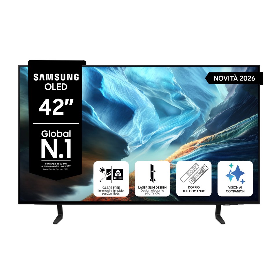 Samsung OLED AI TV 42" QE42S90HAEXZT 4K, Processore NQ4 AI Gen3, 4K AI Upscaling Pro, Glare Free, OLED HDR+, Motion Xcelerator 165Hz, Dolby Atmos & OTS Lite, Laser Slim Design, Vision AI Smart TV, 2026