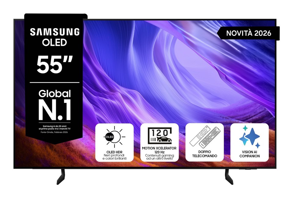 Samsung OLED AI TV 55" QE55S85HAEXZT 4K, Processore NQ4 AI Gen2, 4K AI Upscaling, Schermo antiriflesso, OLED HDR, Motion Xcelerator 120Hz, Dolby Atmos & OTS Lite, Contour Design, Vision AI Smart TV, 2026