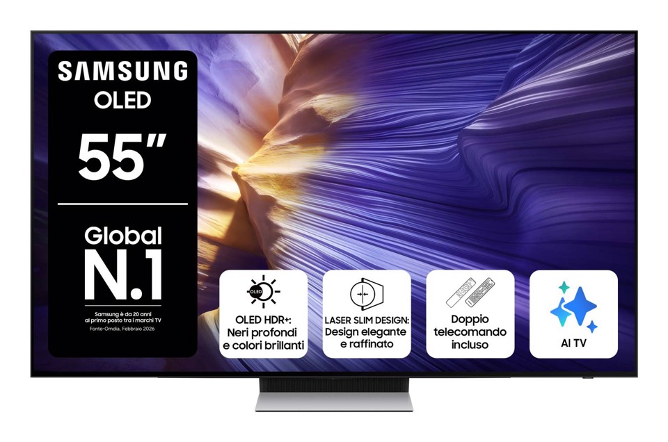 Samsung OLED AI TV 55" QE55S90FAEXZT 4K, Processore NQ4 AI Gen3, 4K AI Upscaling Pro, Schermo antiriflesso, OLED HDR, Dolby Atmos & OTS Lite, Laser Slim Design, Vision AI Smart TV, 2025