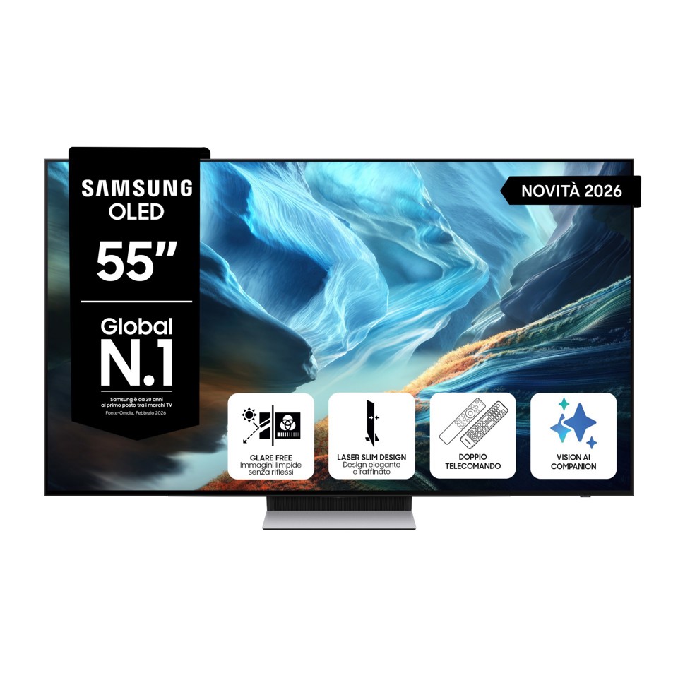 Samsung OLED AI TV 55" QE55S90HAEXZT 4K, Processore NQ4 AI Gen3, 4K AI Upscaling Pro, Glare Free, OLED HDR+, Motion Xcelerator 165Hz, Dolby Atmos & OTS Lite, Laser Slim Design, Vision AI Smart TV, 2026