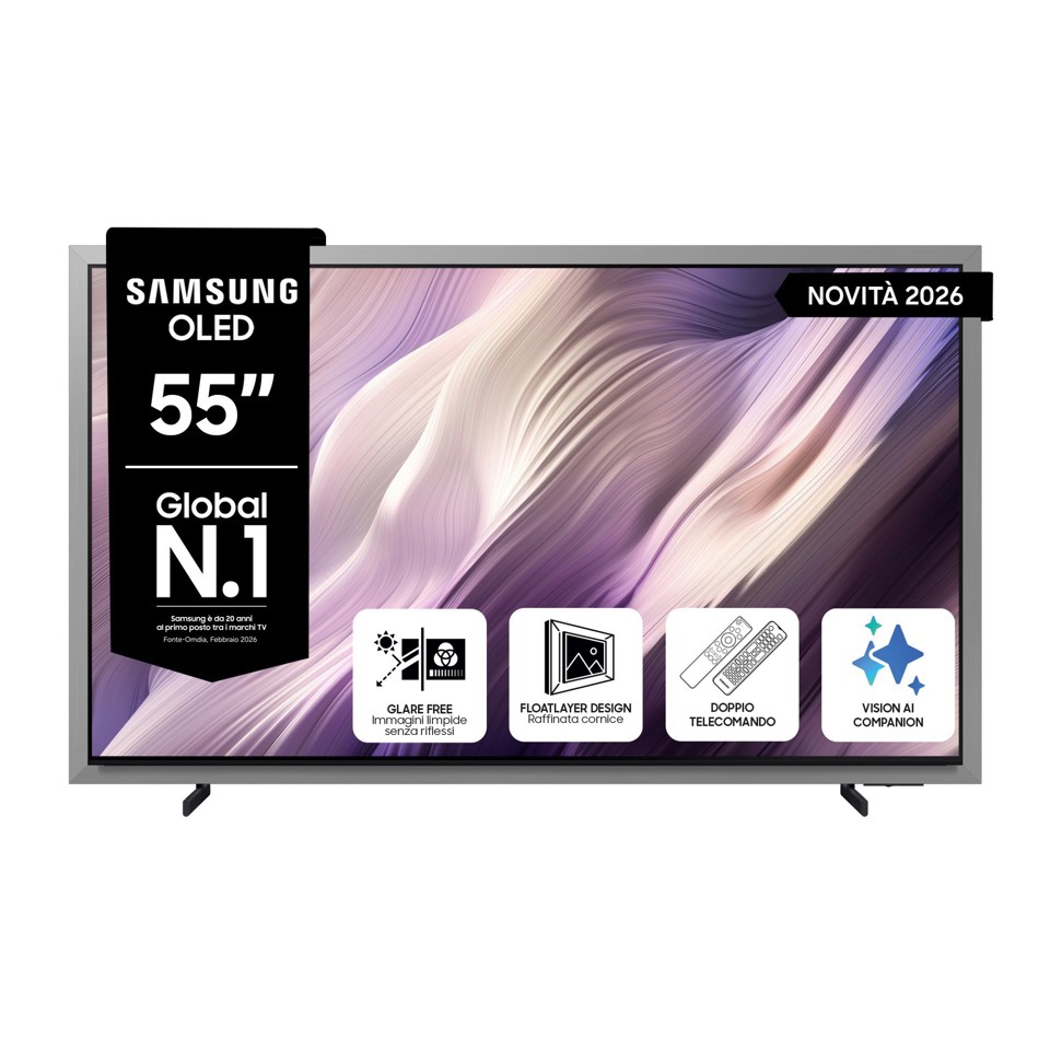 Samsung OLED AI TV 55" QE55S99HATXZT 4K, Processore NQ4 AI Gen3, 4K AI Upscaling Pro, Glare Free, OLED HDR Pro, Motion Xcelerator 165Hz, Dolby Atmos & OTS+, FloatLayer Design, Vision AI Smart TV, 2026