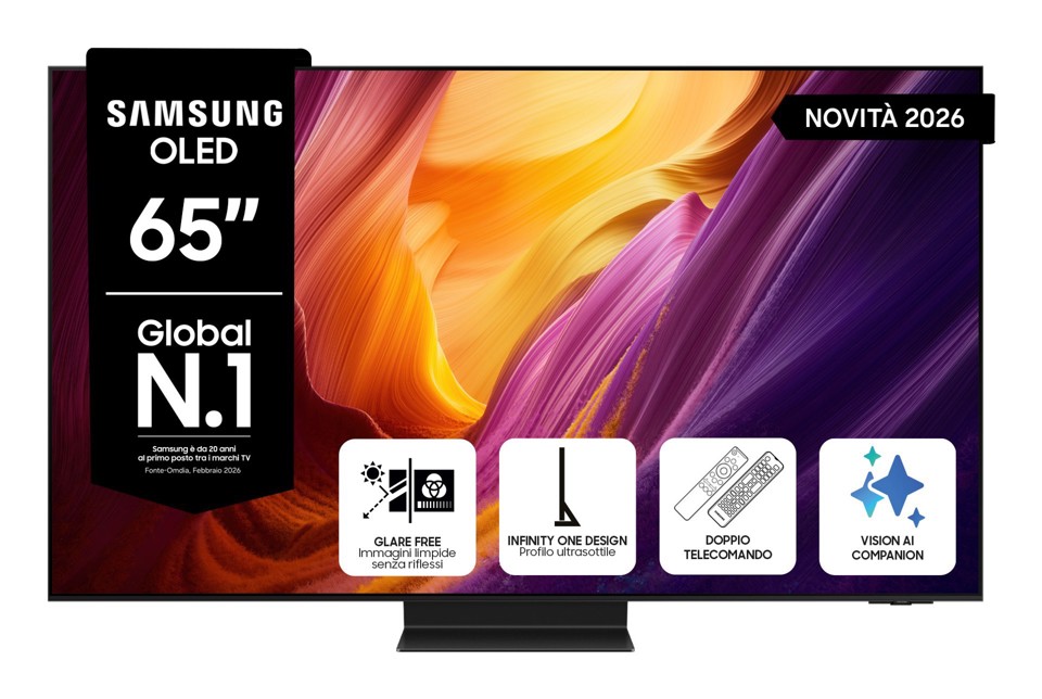 Samsung OLED AI TV 65" QE65S95HFTXZT 4K, Processore NQ4 AI Gen3, 4K AI Upscaling Pro, Glare Free, OLED HDR Pro, Motion Xcelerator 165Hz, Dolby Atmos & OTS+, Infinity One Design, Vision AI Smart TV, 2026