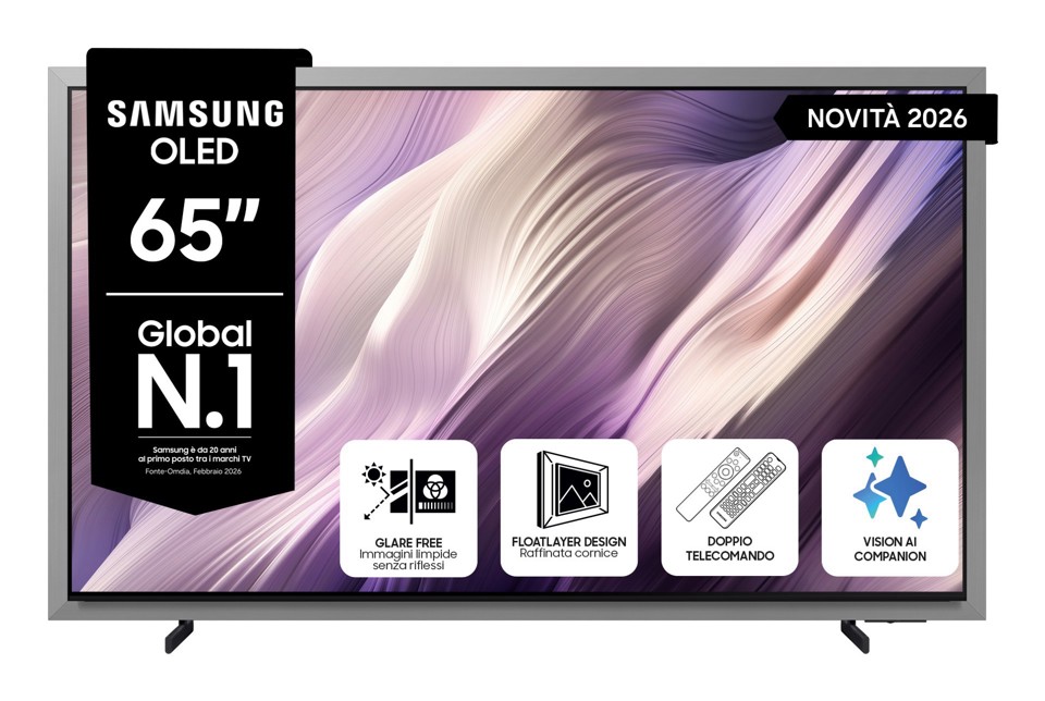 Samsung OLED AI TV 65" QE65S99HATXZT 4K, Processore NQ4 AI Gen3, 4K AI Upscaling Pro, Glare Free, OLED HDR Pro, Motion Xcelerator 165Hz, Dolby Atmos & OTS+, FloatLayer Design, Vision AI Smart TV, 2026