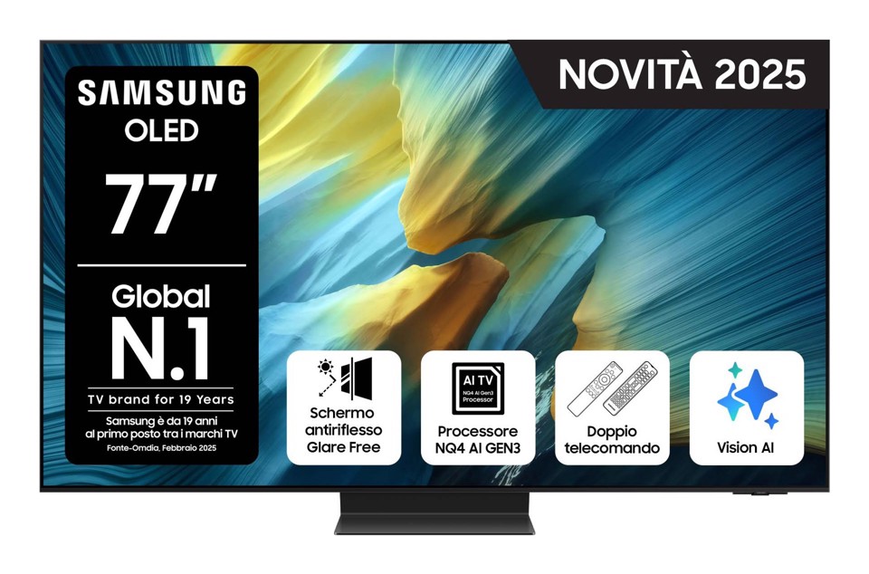Samsung OLED AI TV 77" QE77S95FATXZT 4K, Processore NQ4 AI Gen3, 4K AI Upscaling Pro, Glare Free, OLED HDR Pro, Dolby Atmos & OTS+, Infinity One Design, Vision AI Smart TV, 2025